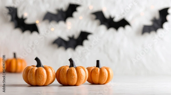 Obraz Halloween pumpkins on a white wooden table with bats on a white brick wall in the background