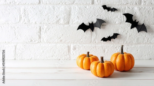 Obraz Halloween pumpkins on a white wooden table with bats on a white brick wall in the background