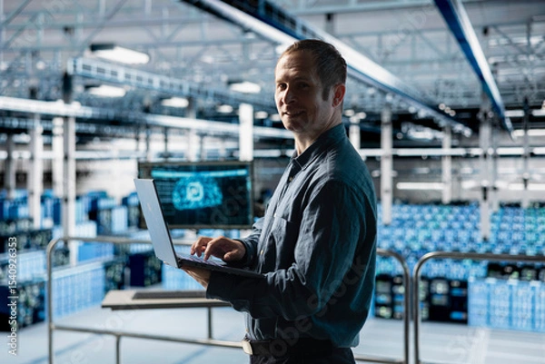Obraz Portrait of smiling engineer in AI data center monitoring error logs for debugging processes. Cheerful employee in server farm reviewing code for artificial intelligence based automation scripts