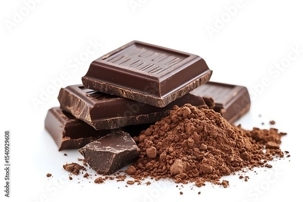 Fototapeta Chocolate squares stack with cocoa powder on white background closeup view