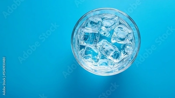 Fototapeta Clear Glass Full of Ice Cubes Top View on Aqua Blue Background Cold Refreshment