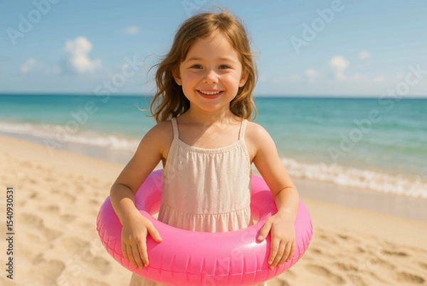 Obraz Smiling child enjoying beach day with pink inflatable ring under clear blue sky. swim ring