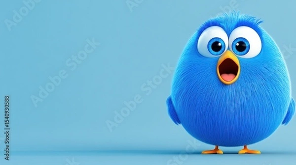 Fototapeta Fluffy cartoon blue bird with expressive eyes and open beak stands on blue background, copy space