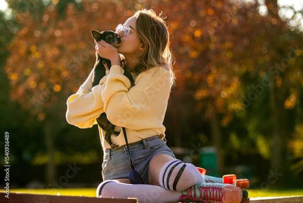 Fototapeta Delightful and Joyful Moments Spent in the Park With My Cherished Pet as We Glide on Roller Skates Under the Warm Sun of a Beautiful Afternoon