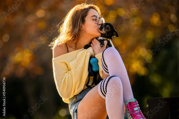 Obraz Joyful Bond Between a Young Woman and Her Small Dog in a Sunlit Park During Autumn, Showcasing Warmth and Companionship on a Bright Day