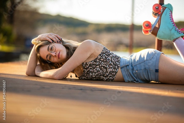 Fototapeta Enjoying a Sunny Afternoon in Roller Skates by the Serene Lakeside, a Moment of Youthful Joy and Relaxation