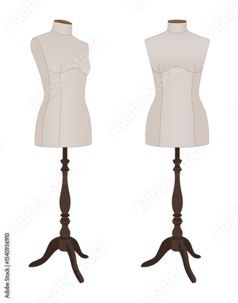 Fototapeta Realistic vector illustration of two female dressmaker mannequins on stands. Tailoring and fashion design forms for garment fitting. Isolated on white background.