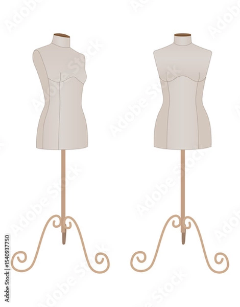 Fototapeta Realistic vector illustration of two female dressmaker mannequins on stands. Tailoring and fashion design forms for garment fitting. Isolated on white background.