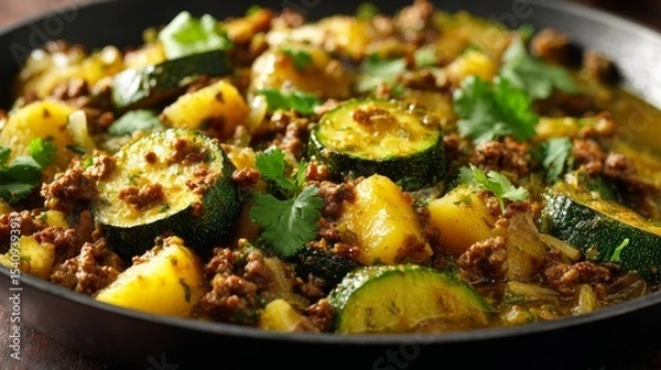 Fototapeta A colorful Mexican skillet dish of Calabacitas con Carne Molida en Salsa Verde, served in a shallow black pan.