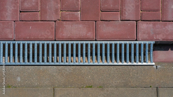 Fototapeta Top view of modern drainage grate and textured pavement in urban infrastructure design.