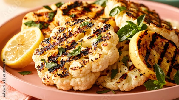 Fototapeta Grilled cauliflower steaks and summer squash on pastel pink platter