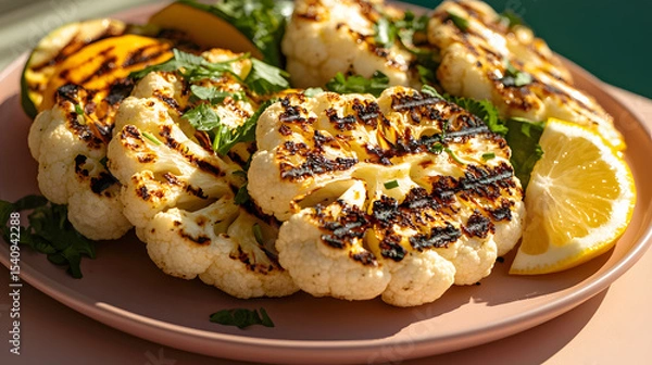Fototapeta Grilled cauliflower steaks and summer squash on pastel pink platter