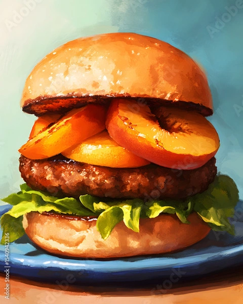 Fototapeta Plant-based burger with grilled peach slices on pastel blue dish