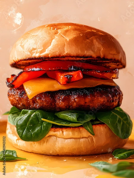 Fototapeta Plant-based burger with grilled red pepper and spinach on pastel yellow tray
