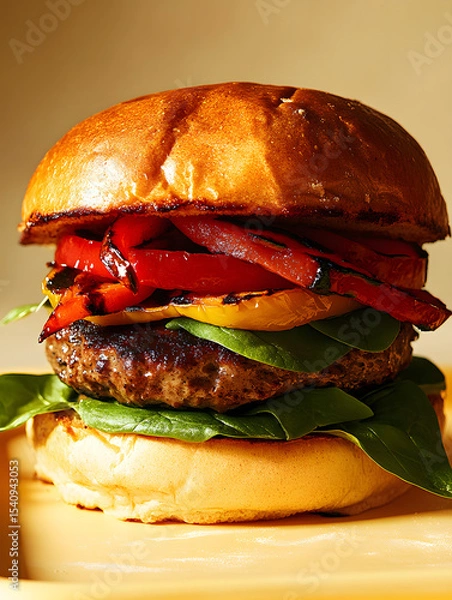 Fototapeta Plant-based burger with grilled red pepper and spinach on pastel yellow tray