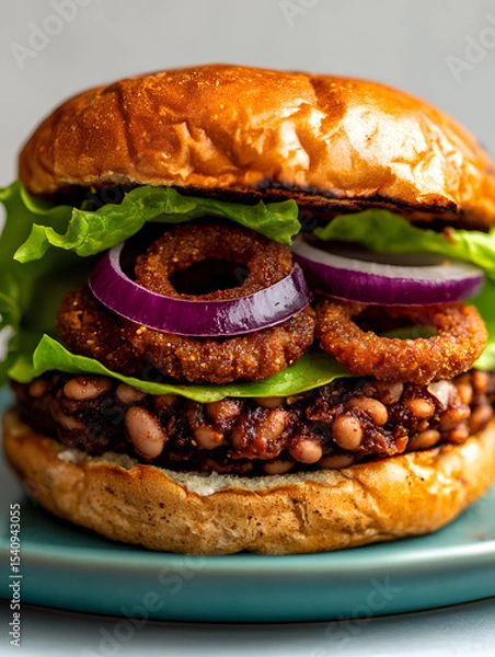Fototapeta Plant-based BBQ bean burger with red onion and lettuce on pastel teal dish