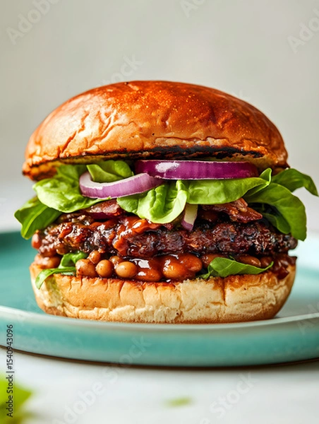 Fototapeta Plant-based BBQ bean burger with red onion and lettuce on pastel teal dish