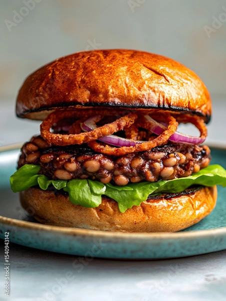 Fototapeta Plant-based BBQ bean burger with red onion and lettuce on pastel teal dish