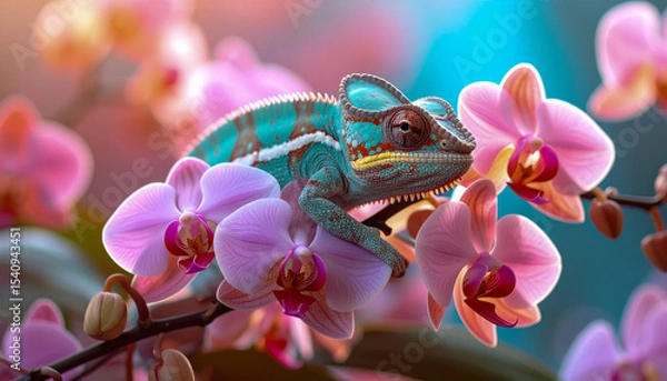 Fototapeta Colorful Chameleon Among Soft-Focus Pink Orchids in Tropical Light