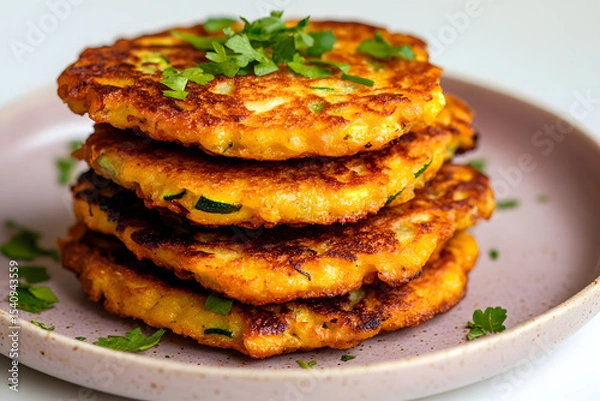 Fototapeta Crispy zucchini fritters with fresh herbs on pastel lavender plate