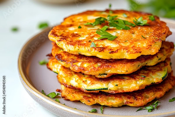 Fototapeta Crispy zucchini fritters with fresh herbs on pastel lavender plate