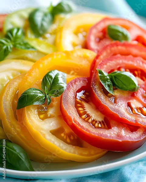 Fototapeta Sliced heirloom tomato salad with basil on pastel aqua serving dish