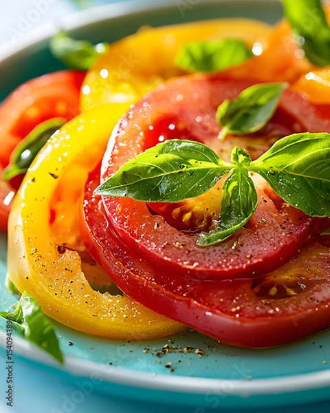Fototapeta Sliced heirloom tomato salad with basil on pastel aqua serving dish