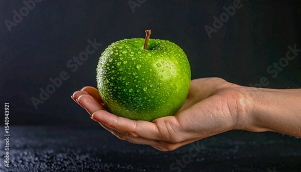 Fototapeta Fresh Green Apple with Water Droplets Held in Hands