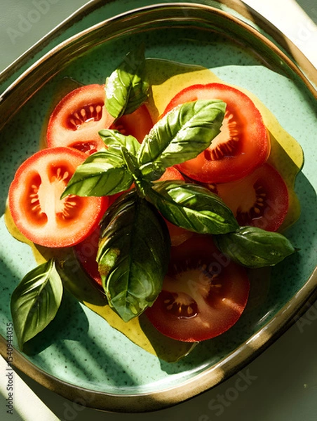 Fototapeta Fresh tomato and basil salad on pastel mint green tray