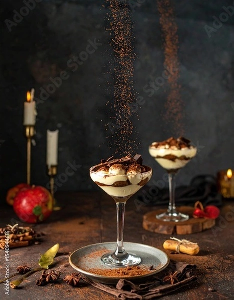 Fototapeta Elegant tiramisu dessert glasses with cocoa powder sprinkle on rustic table.