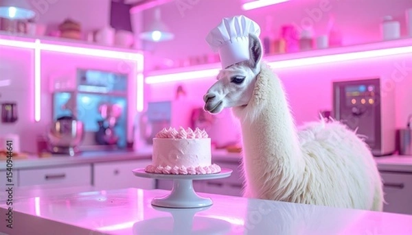 Fototapeta Llama baker with a cake in a bright pink kitchen setting. Ready to bake!
