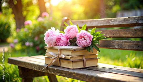 Fototapeta Peonies and books on wooden bench under sunlight in a serene garden setting.