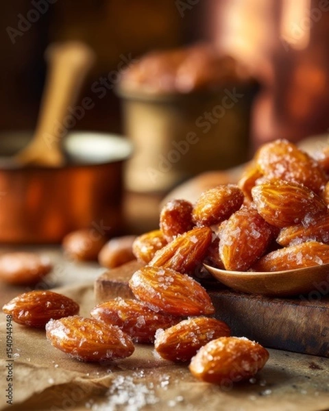 Fototapeta Mandorle Pralinate: A studio shot glossy caramel coated almonds crunchy shell golden brown sugar crystals rugged texture homemade sweetness.
