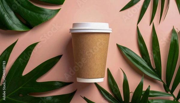 Fototapeta Minimal Takeaway Coffee Cup with Tropical Leaf Background
