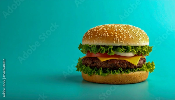 Fototapeta Tasty Cheeseburger with Lettuce and Tomato on Blue Background