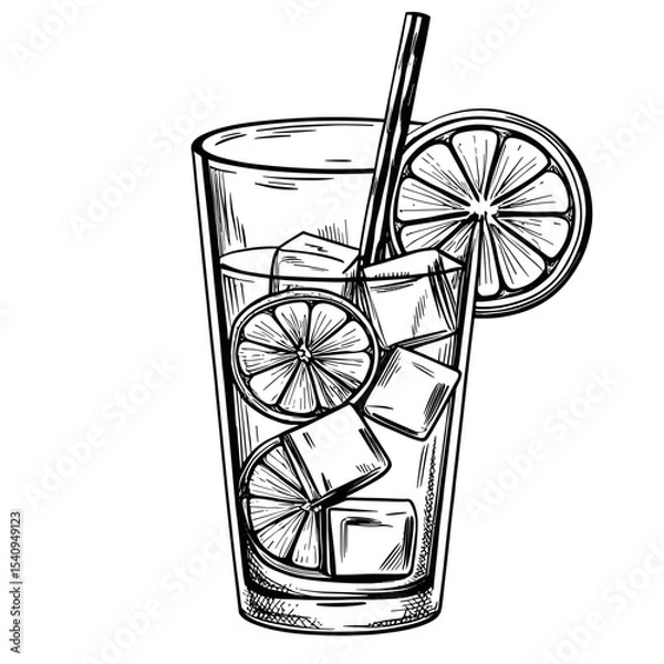 Obraz Refreshing lemonade with ice cubes and lemon slices in glass, vector isolated on white background 