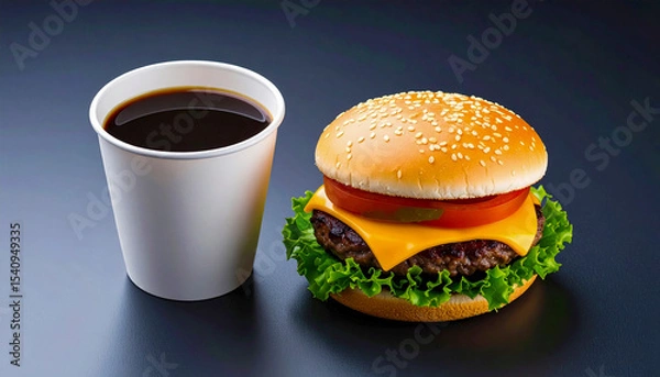 Fototapeta Cheeseburger and Coffee Cup on Dark Background – Fast Food Breakfast Concept