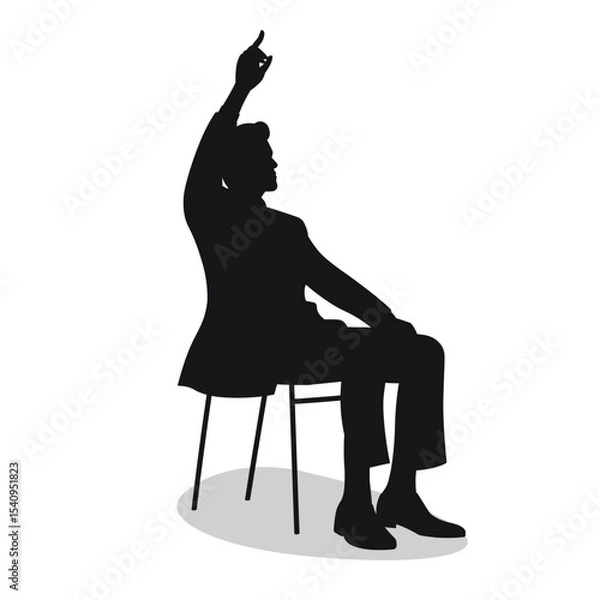 Fototapeta Guy sitting on chair, hand raised high with index finger up, gesture of calling waiter, black silhouette of man
