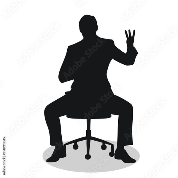 Fototapeta Business man sitting on swivel chair, man showing number three with fingers of hand