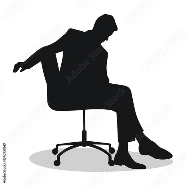 Fototapeta Profile of a young man, person sitting on a soft chair with wheels, black silhouette of a guy leaning forward