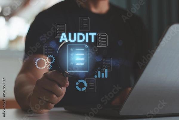 Fototapeta Audit business concept. Businessman using laptop and holding magnifying glass to check and evaluate financial statement, checklist auditing accounts within the organization.
