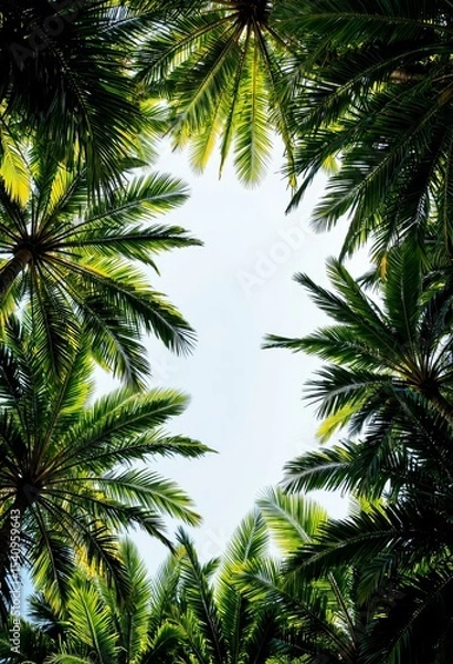 Fototapeta Ground Level View of Palm Trees Forming Canopy Against Bright Tropical Sky