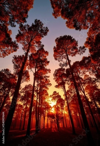 Fototapeta Sunset Through Silhouetted Pine Trees with Vibrant Orange and Purple Sky