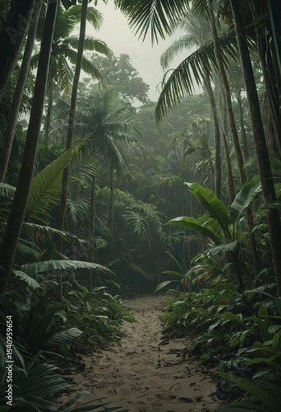 Fototapeta Misty Tropical Rainforest Path Surrounded by Palm Trees and Dense Greenery