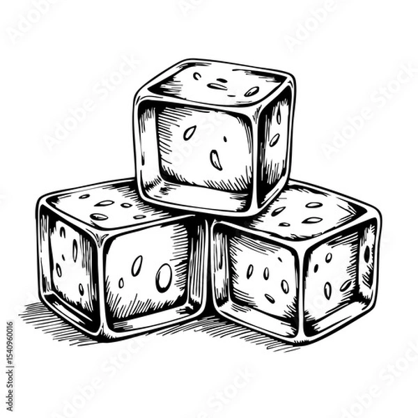 Fototapeta Ice cubes stacked in a vintage sketch style illustration  