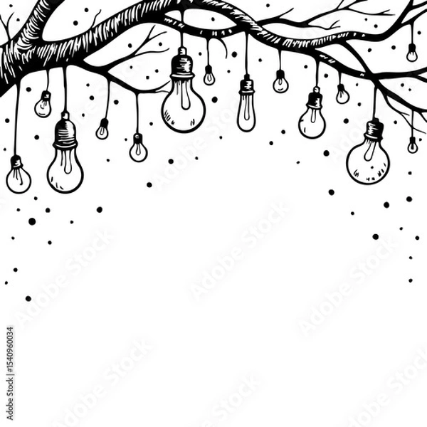 Fototapeta Vintage sketch of a tree branch with hanging light bulbs  
