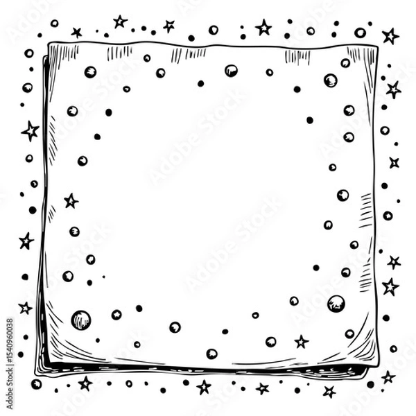 Fototapeta Hand-drawn decorative border with stars and circles in vintage sketch style  