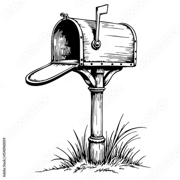 Fototapeta Vintage sketch of an open mailbox on a post in grassy area  