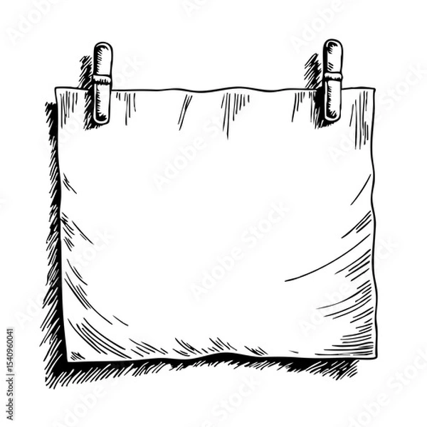 Fototapeta Sketch of a blank paper sheet hanging with clips as vintage sketch  