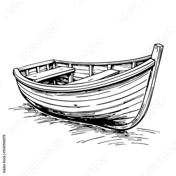 Fototapeta Vintage wooden boat sketch in rustic style on white background  